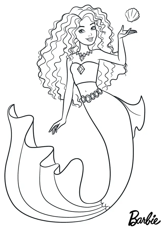 Coloriage Mermaid Sirène Barbie Avec Un Coquillage - Barbie à imprimer