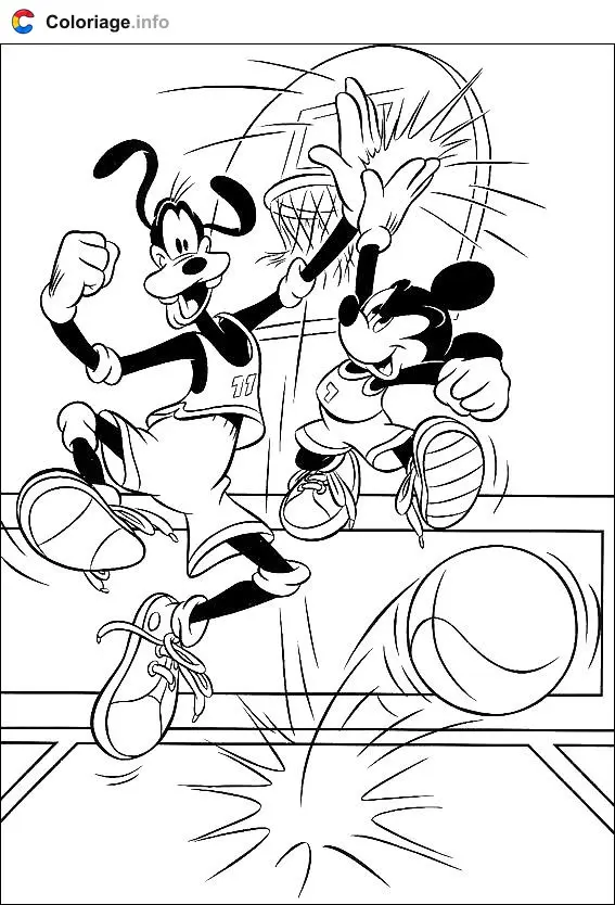 Mickey and Goofy Play Basketball coloring page to print