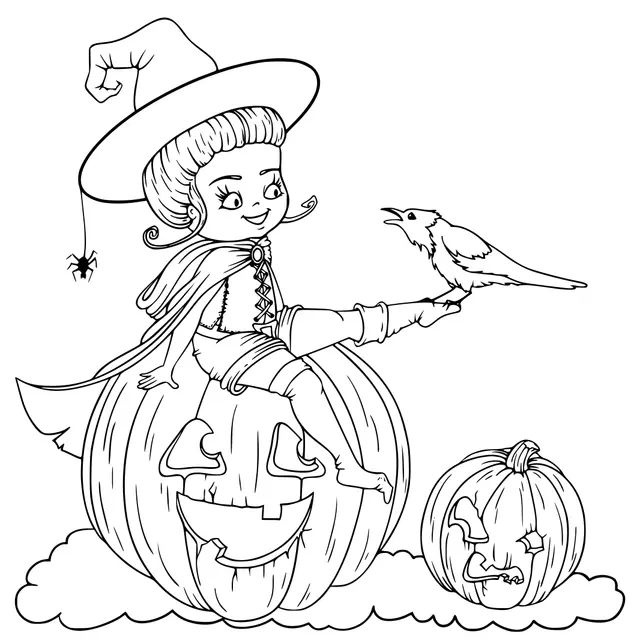Coloriage Mignonne Petite Sorcière Citrouilles Et Un Corbeau - Halloween à imprimer