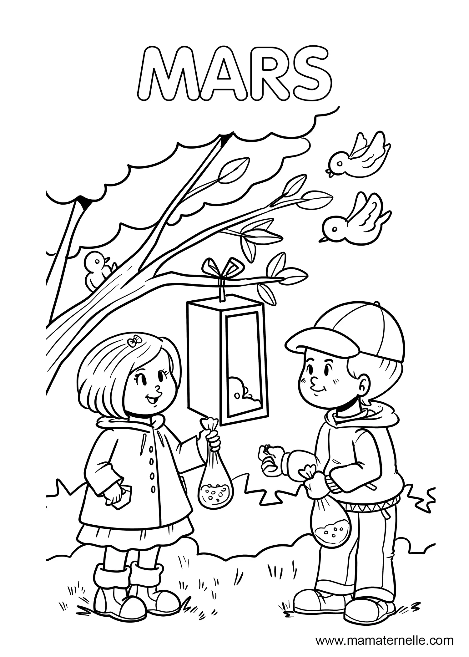 Coloriage Mois De Mars Jeunes Enfants De La Maternelle Donnent Aux Oiseaux De La Nourriture - Mars à imprimer