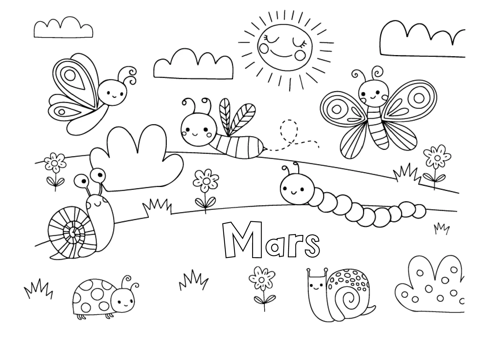 Coloriage Mois De Mars Maternelle Printemps Monde Insecte - Mars à imprimer