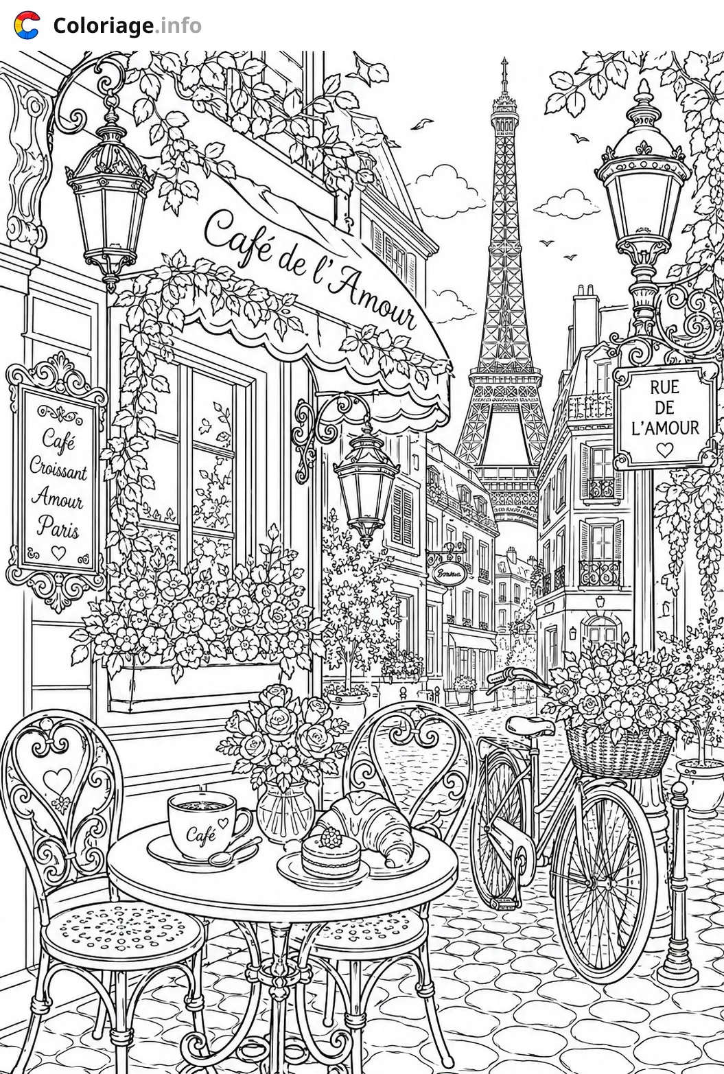 Coloriage Monochrome Café parisien rue de l'Amour - Monochrome à imprimer