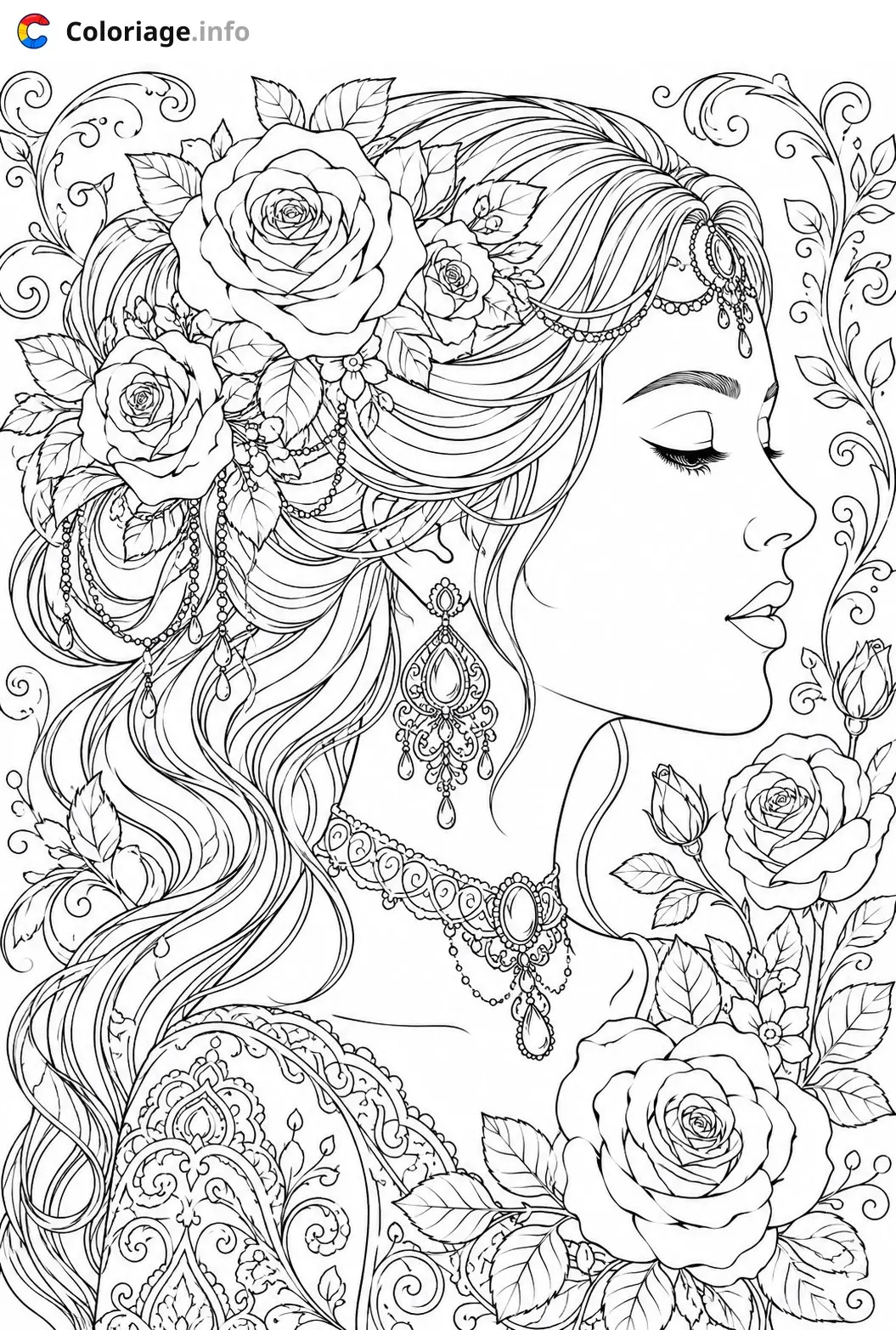 Coloriage Monochrome Femme fleurs et bijoux ornementés - Monochrome à imprimer