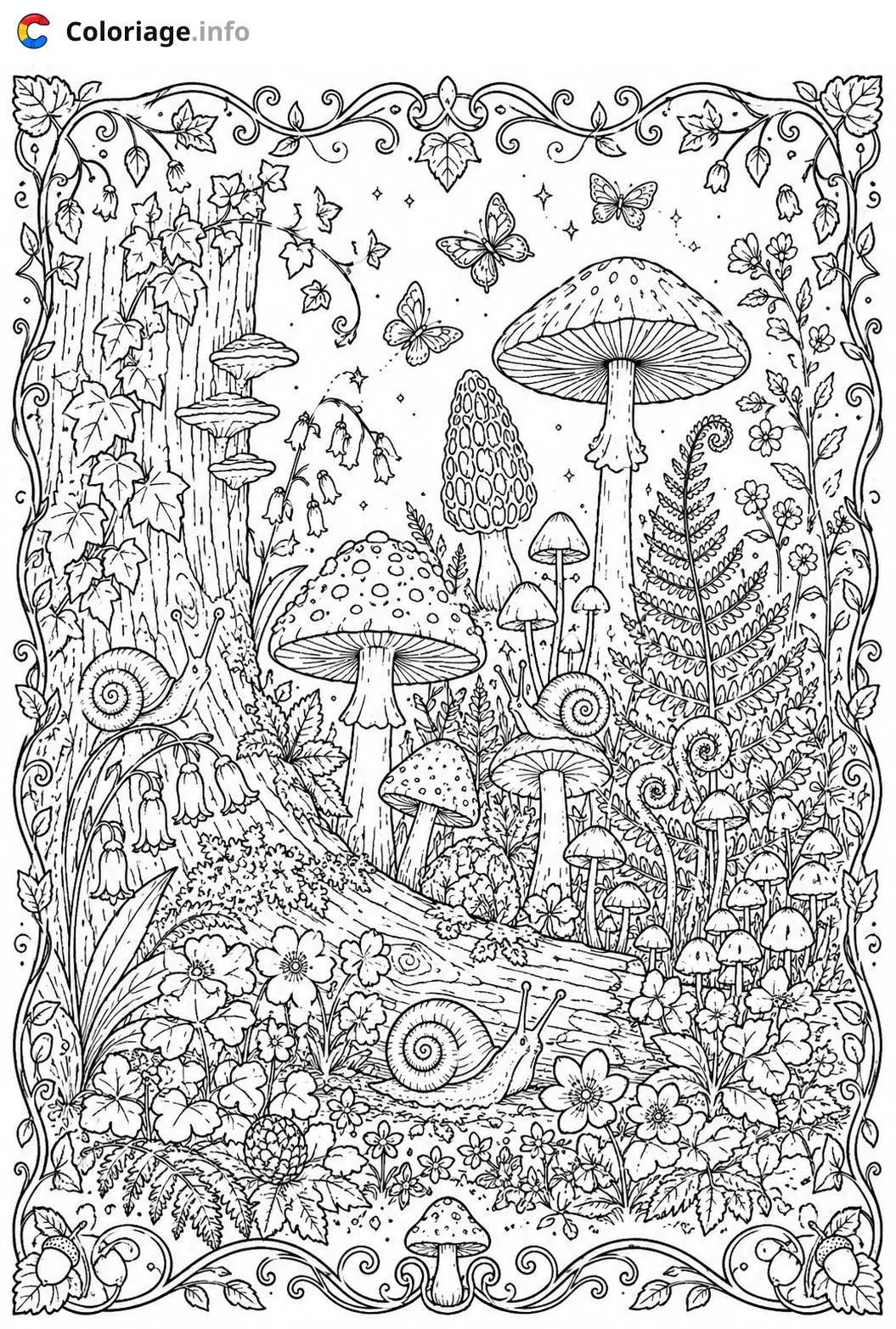 Coloriage Monochrome Forêt magique enchantée avec champignons - Monochrome à imprimer