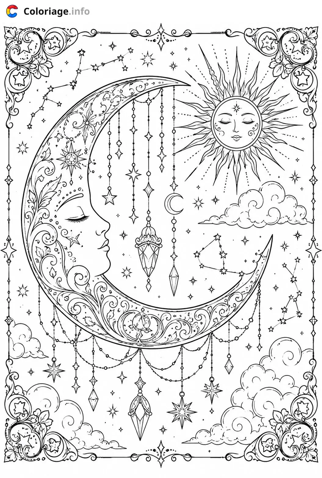 Coloriage Monochrome La Lune et le Soleil Magiques - Monochrome à imprimer