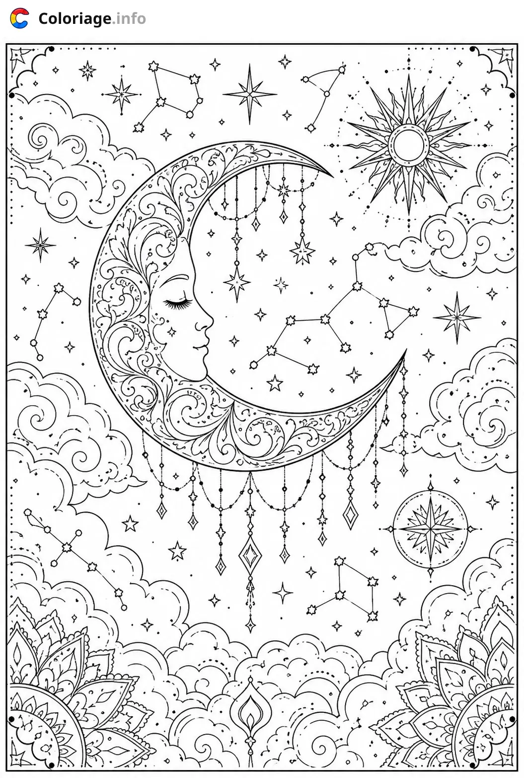 Coloriage Monochrome La Lune Magique et ses Étoiles - Monochrome à imprimer