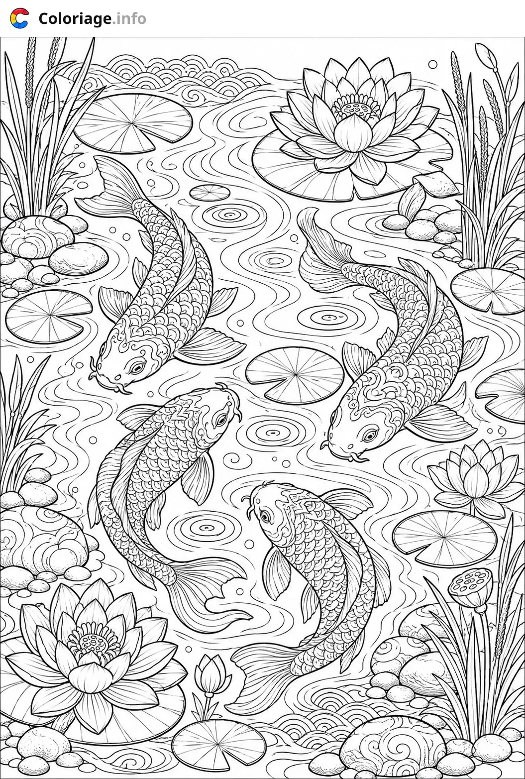 Coloriage Monochrome Les carpes koï dans le bassin - Monochrome à imprimer