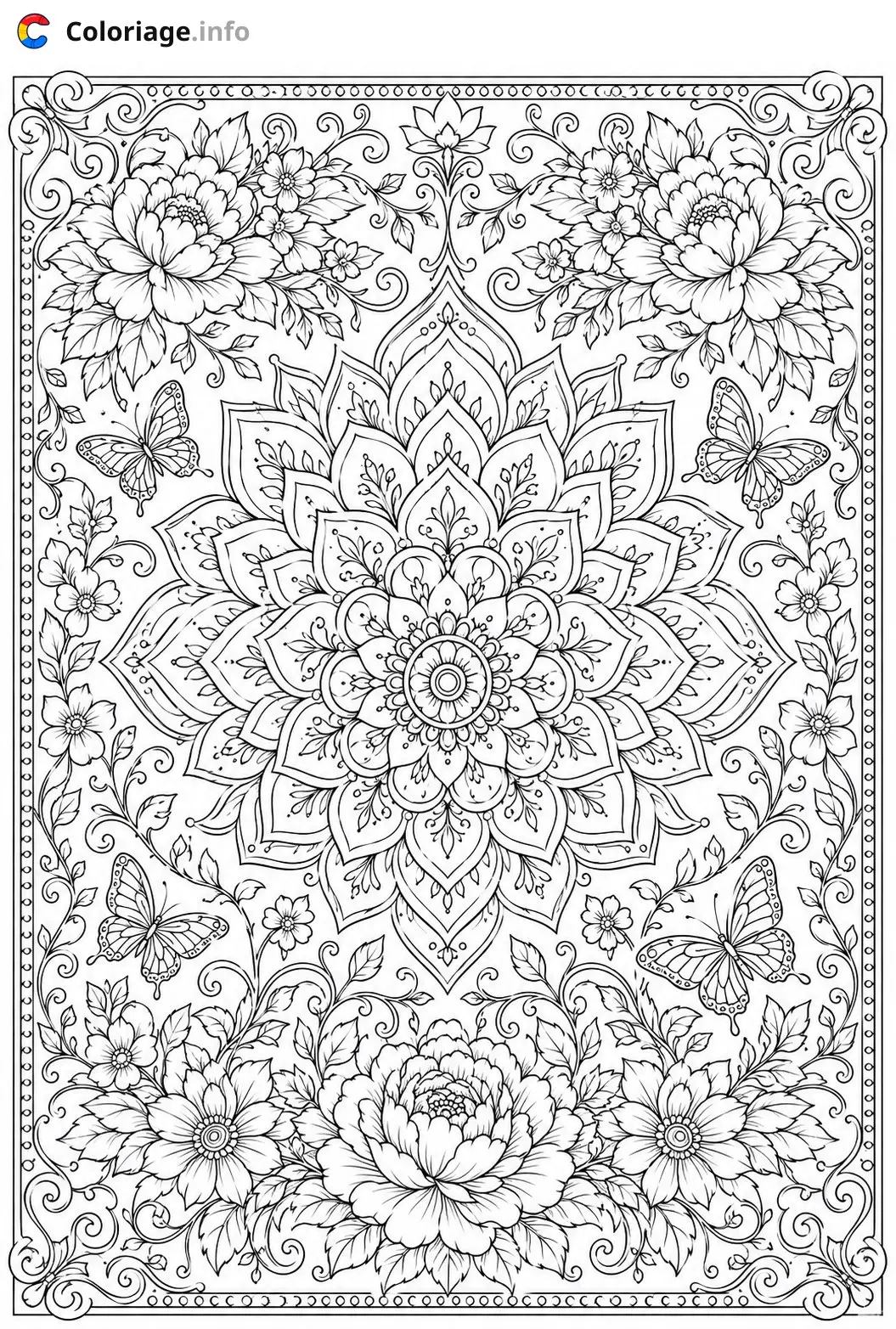 Coloriage Monochrome Mandala floral avec papillons - Monochrome à imprimer