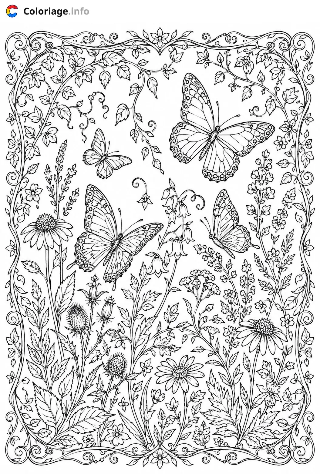 Coloriage Monochrome Papillons dans un jardin fleuri - Monochrome à imprimer