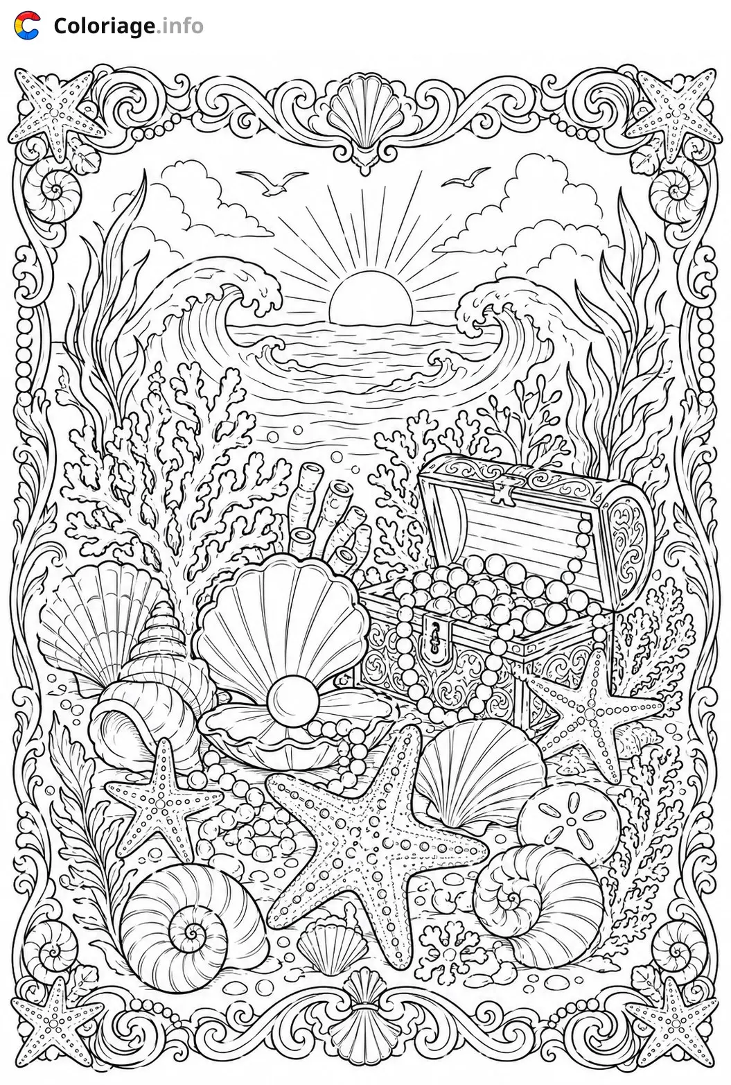 Coloriage Monochrome Trésor sous-marin au coucher de soleil - Monochrome à imprimer