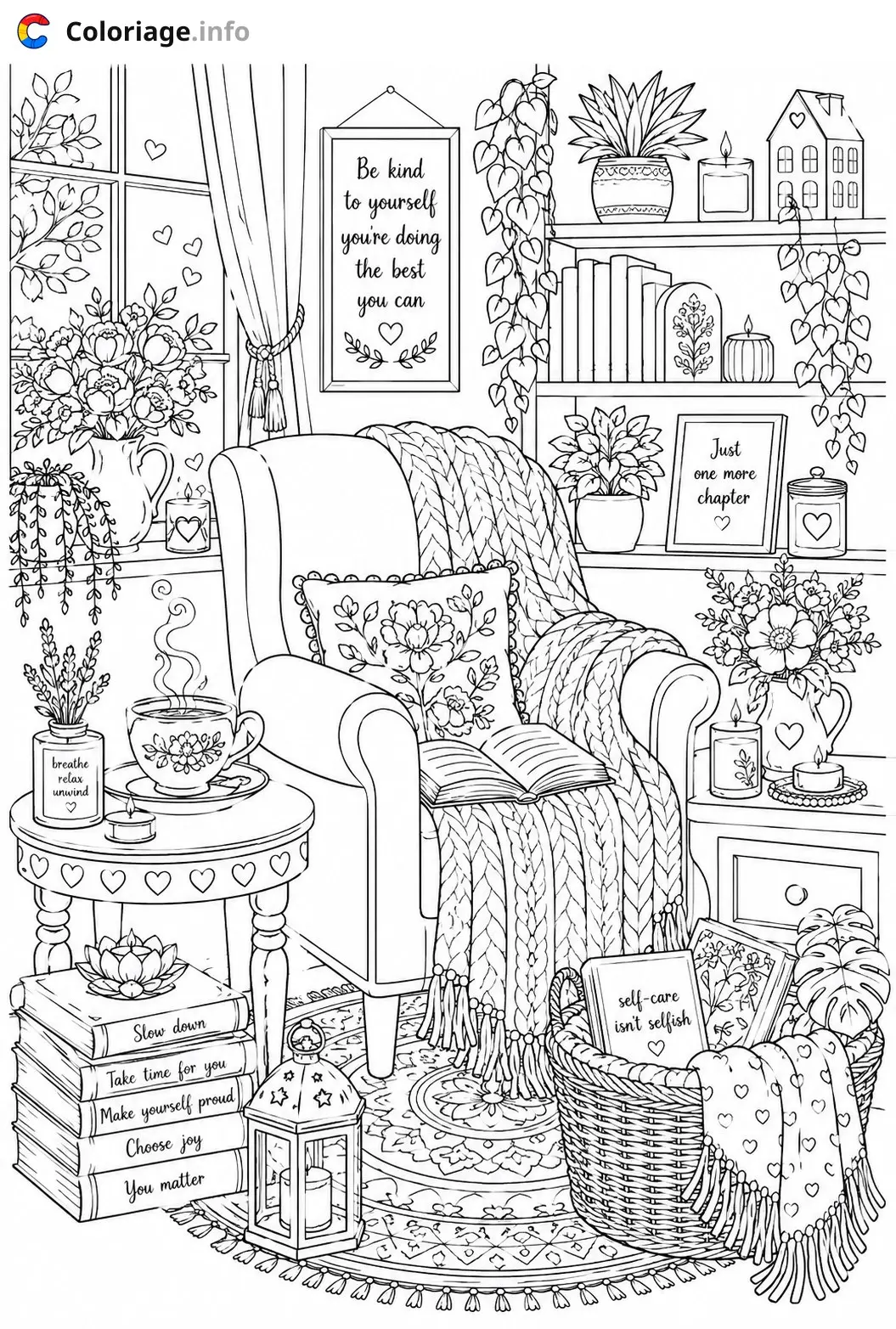 Coloriage Monochrome Un coin douillet pour se détendre - Monochrome à imprimer