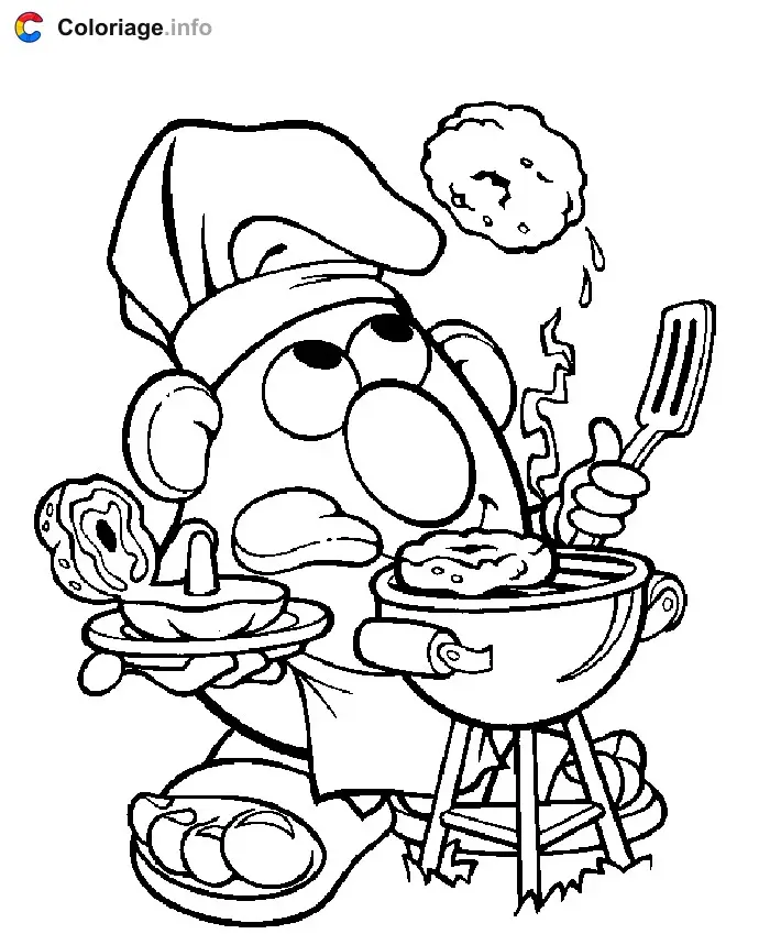 Coloriage Monsieur Patate fait un barbecue - Monsieur Patate à imprimer