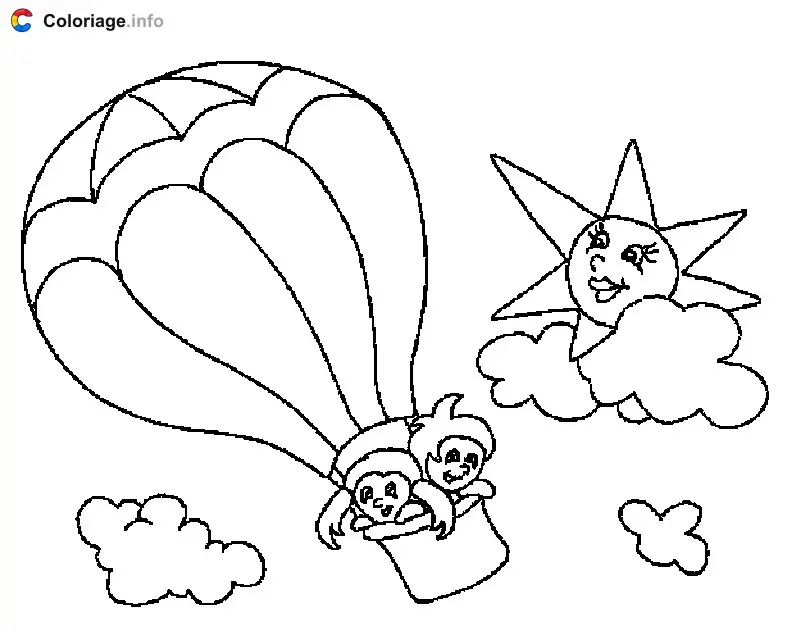 Coloriage Montgolfière dans les nuages avec du soleil - Montgolfière à imprimer