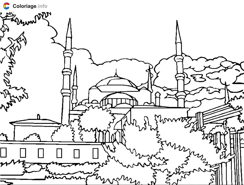 Coloriage Mosquée avec verdure - Monuments à imprimer