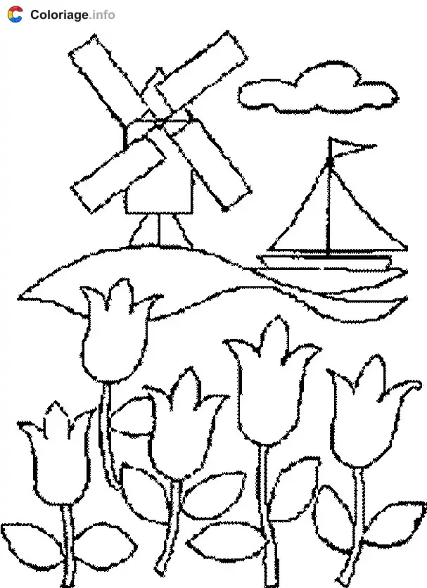 Coloriage Moulin à vent avec des fleurs et un bateau - Moulin à vent à imprimer