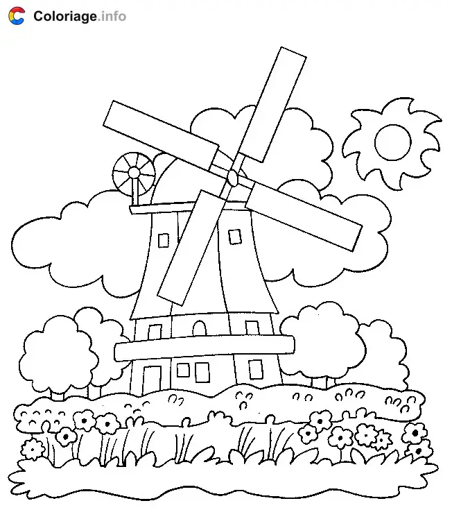 Coloriage Moulin à vent dans la campagne - Moulin à vent à imprimer