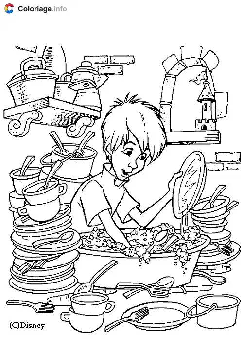 Coloriage Moustique fait la vaisselle - Merlin l'Enchanteur à imprimer