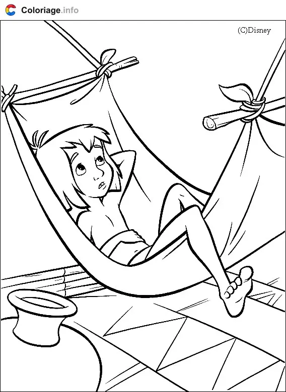 Coloriage Mowgli allongé dans un hamac - Le Livre de la jungle à imprimer
