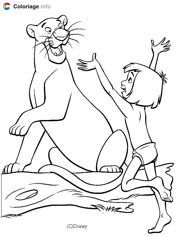 Coloriage Mowgli est heureux de retrouver Bagheera - Le Livre de la jungle à imprimer