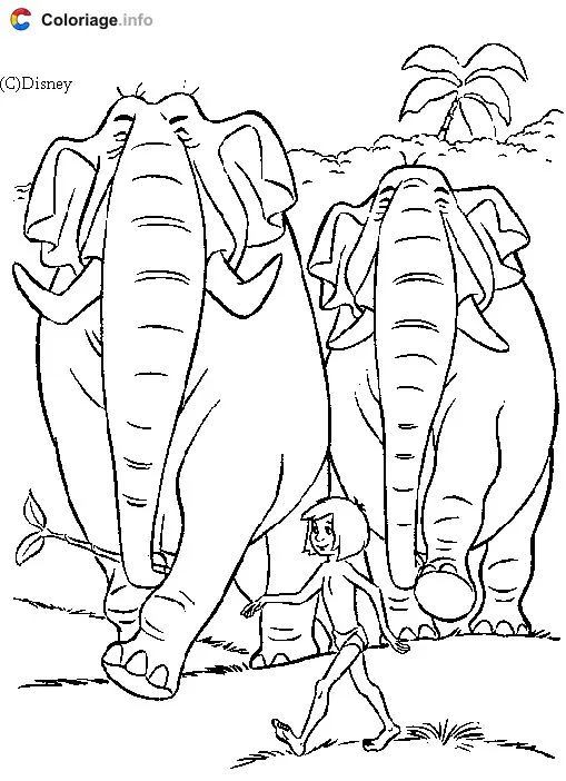 Coloriage Mowgli et deux éléphants - Le Livre de la jungle à imprimer