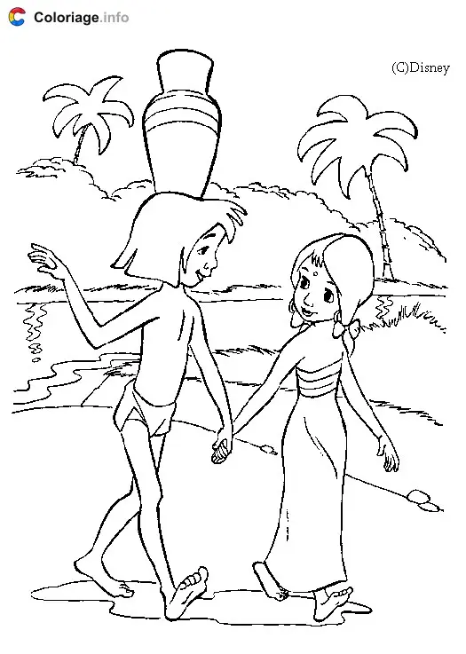 Coloriage Mowgli et la petite fille Shanti - Le Livre de la jungle à imprimer