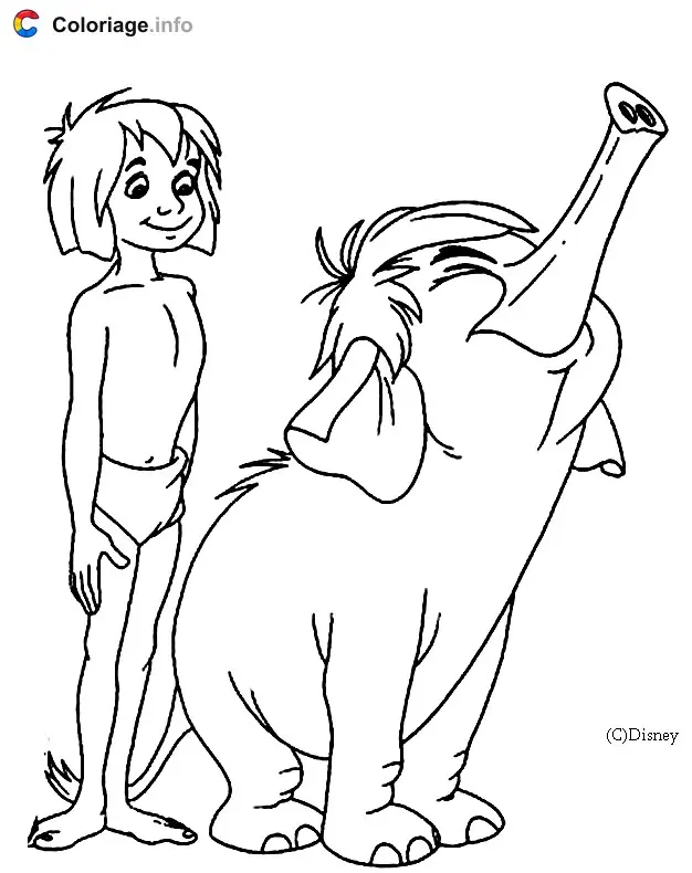 Coloriage Mowgli et son ami l'éléphant - Le Livre de la jungle à imprimer
