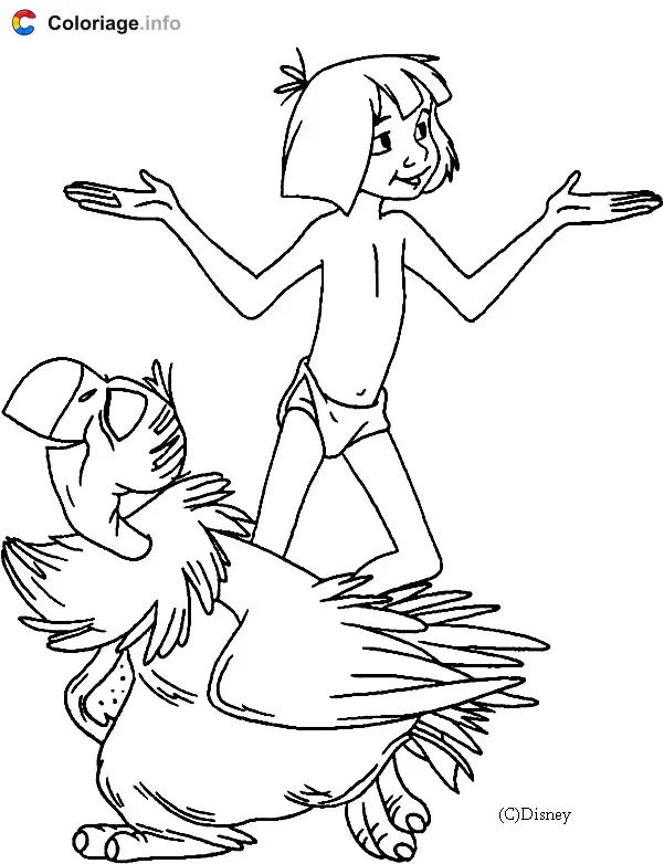 Coloriage Mowgli et un drôle d'oiseau - Le Livre de la jungle à imprimer