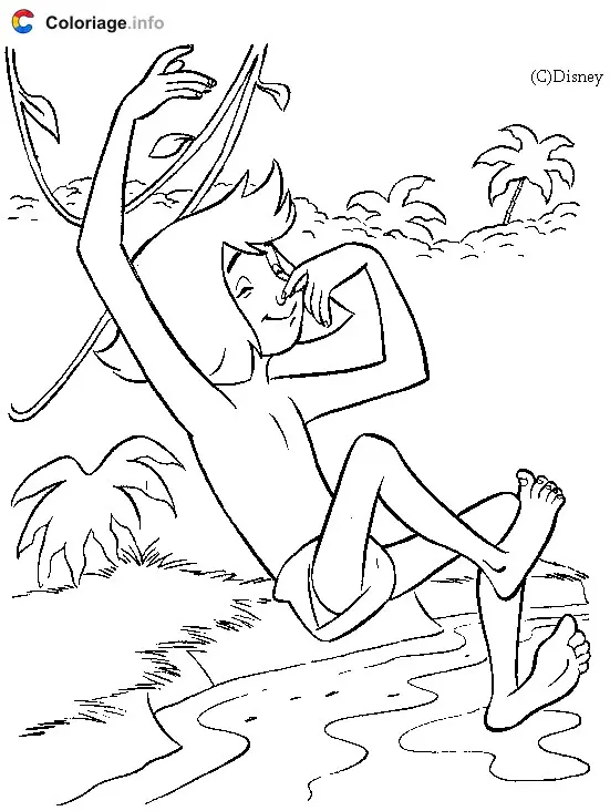 Coloriage Mowgli plonge dans la rivière - Le Livre de la jungle à imprimer