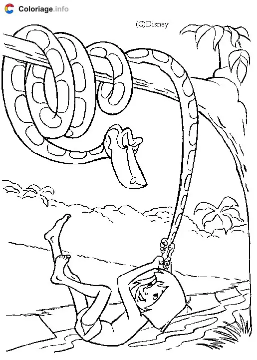 Coloriage Mowgli se balance à la queue du serpent Kaa - Le Livre de la jungle à imprimer