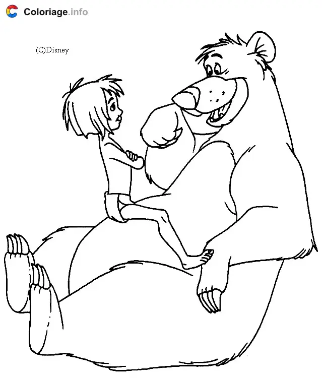 Coloriage Mowgli sur le ventre de Baloo - Le Livre de la jungle à imprimer