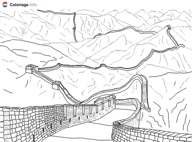 Coloriage Grande Muraille de Chine serpentant montagnes - Chine à imprimer