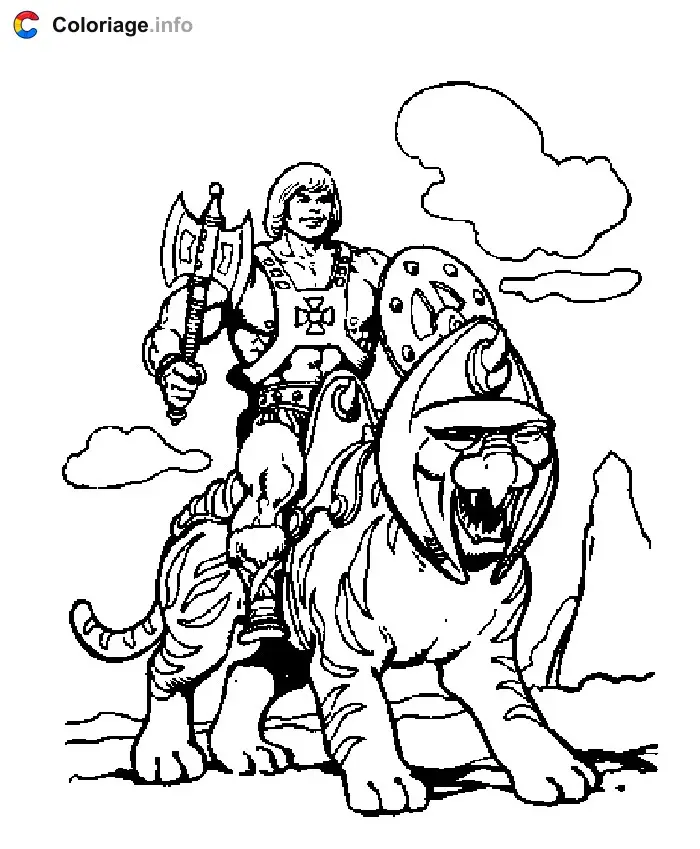 Coloriage Musclor sur son tigre de combat Gringer - Musclor à imprimer
