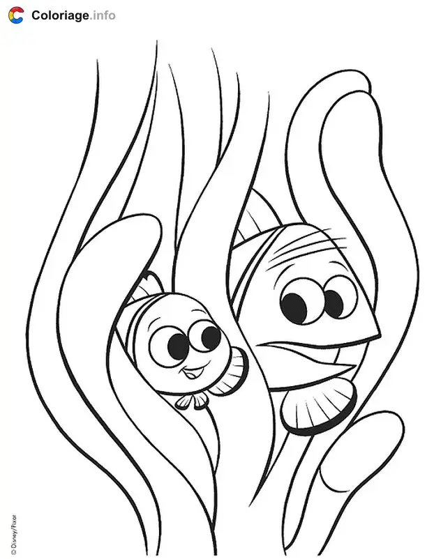 Nemo and Marlin in the Seaweed coloring page to print