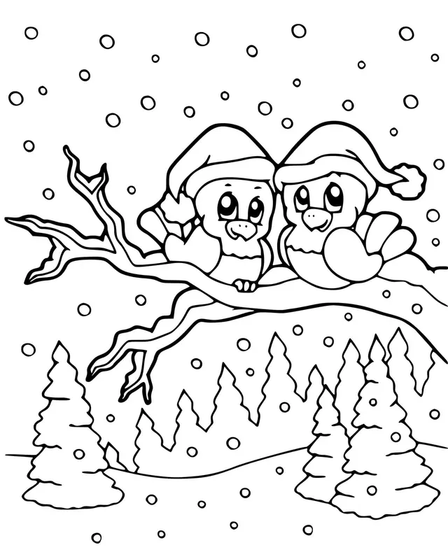 Coloriage Oiseaux Chapeau Du Père Noël Sur Un Arbre Hiver Neige Sapins - Hiver à imprimer