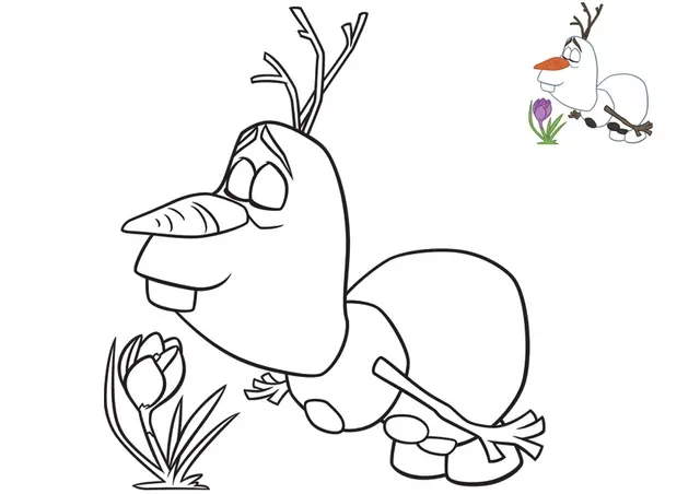 Coloriage Olaf admirant un bouquet de fleurs - La Reine des neiges à imprimer