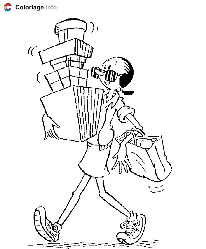 Coloriage Olive revient des courses chargée de paquets - Popeye à imprimer