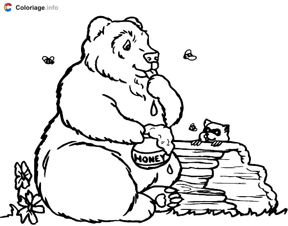 Coloriage Ours brun qui mange un pot de miel - Ours à imprimer
