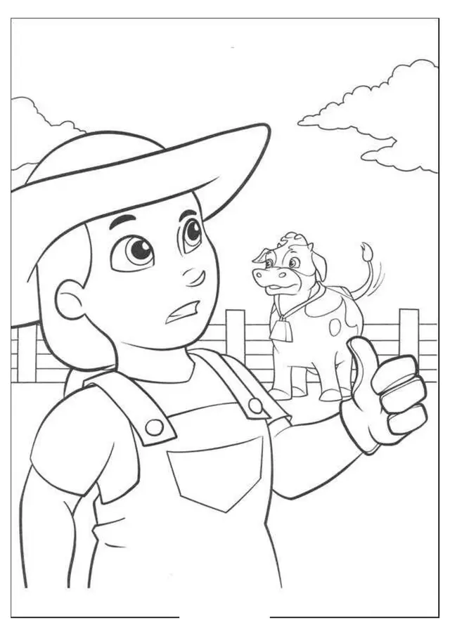 Coloriage Ryder fermière avec sa vache à la ferme - Pat patrouille à imprimer