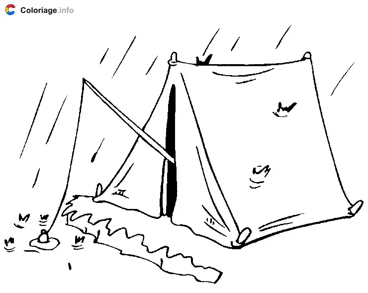 Coloriage Pêche en camping sous la pluie - Camping à imprimer