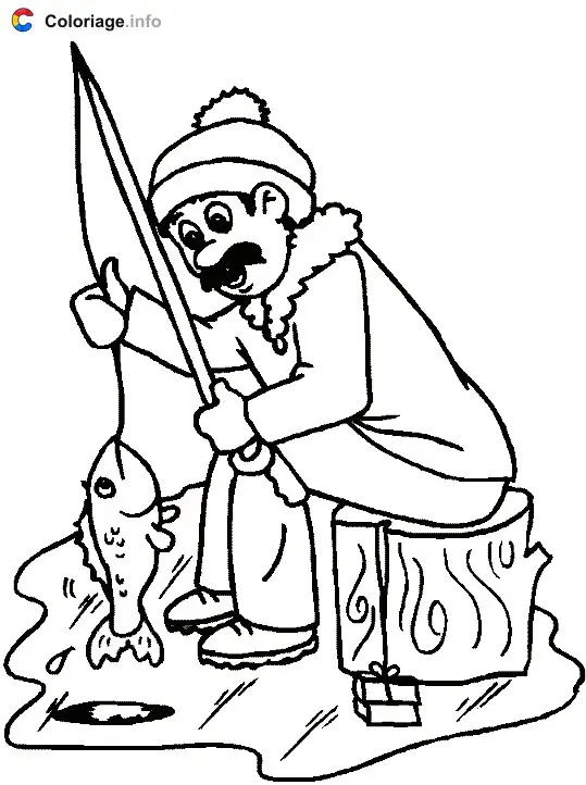 Coloriage Pêcheur sur la glace - Pêche à imprimer