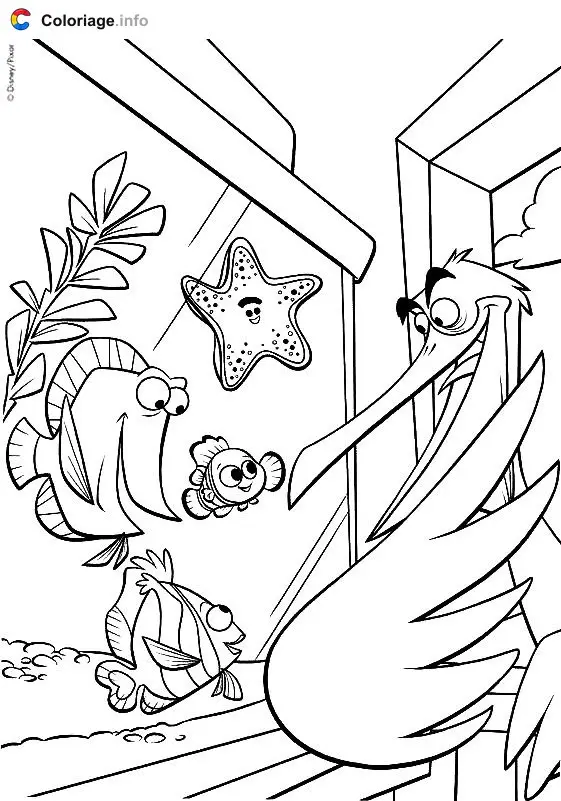 Pelican in Front of Nemo's Aquarium coloring page to print