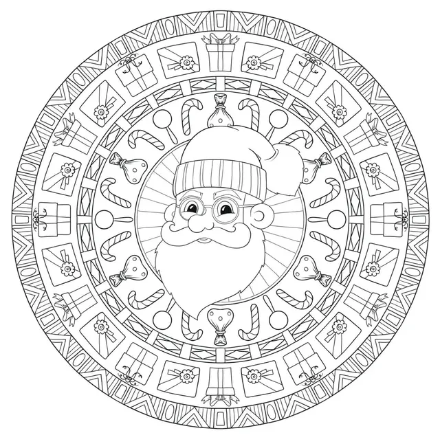 Coloriage Père Noël En Mandala Cercle Anti Stress - Noël adulte à imprimer