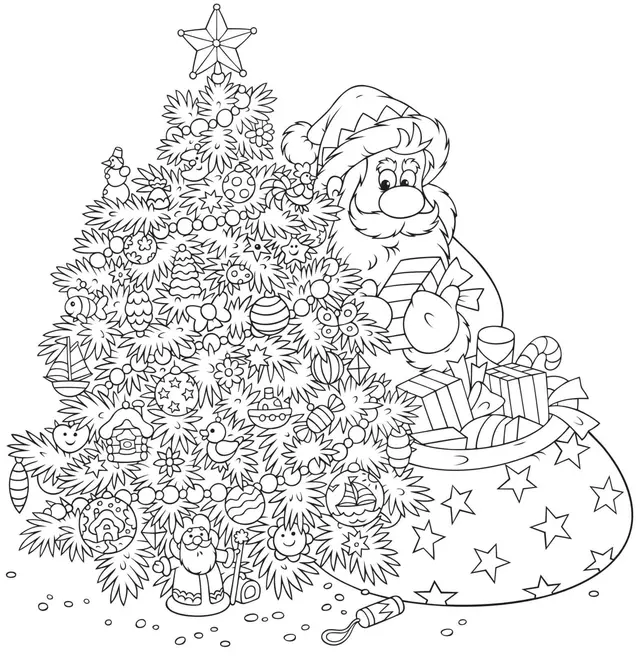 Coloriage Père Noël Et Sapin Avec Un Grand Sac De Cadeaux Mandala - Noël adulte à imprimer