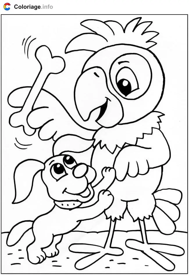Parrot Playing with a Dog coloring page to print