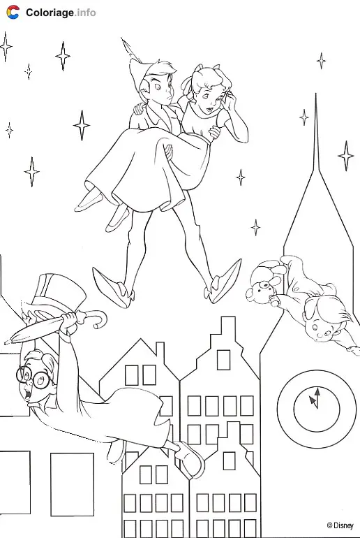 Peter Pan and Wendy Flying Over London coloring page to print