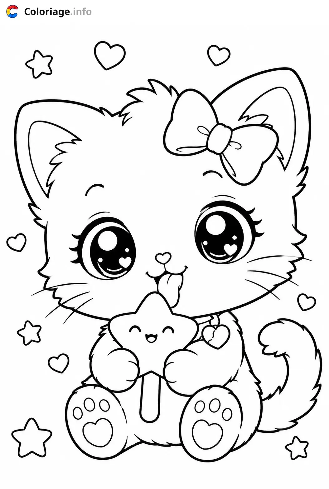 Coloriage Petit Chaton Kawaii avec arc - Chaton kawaii à imprimer
