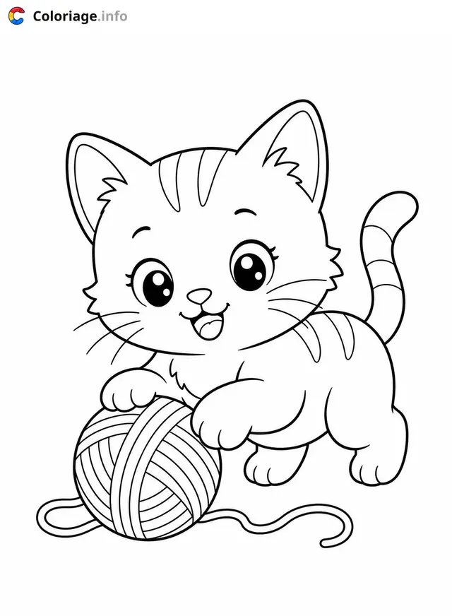 Coloriage Petit chaton mignon jouant avec la laine - Chaton mignon à imprimer