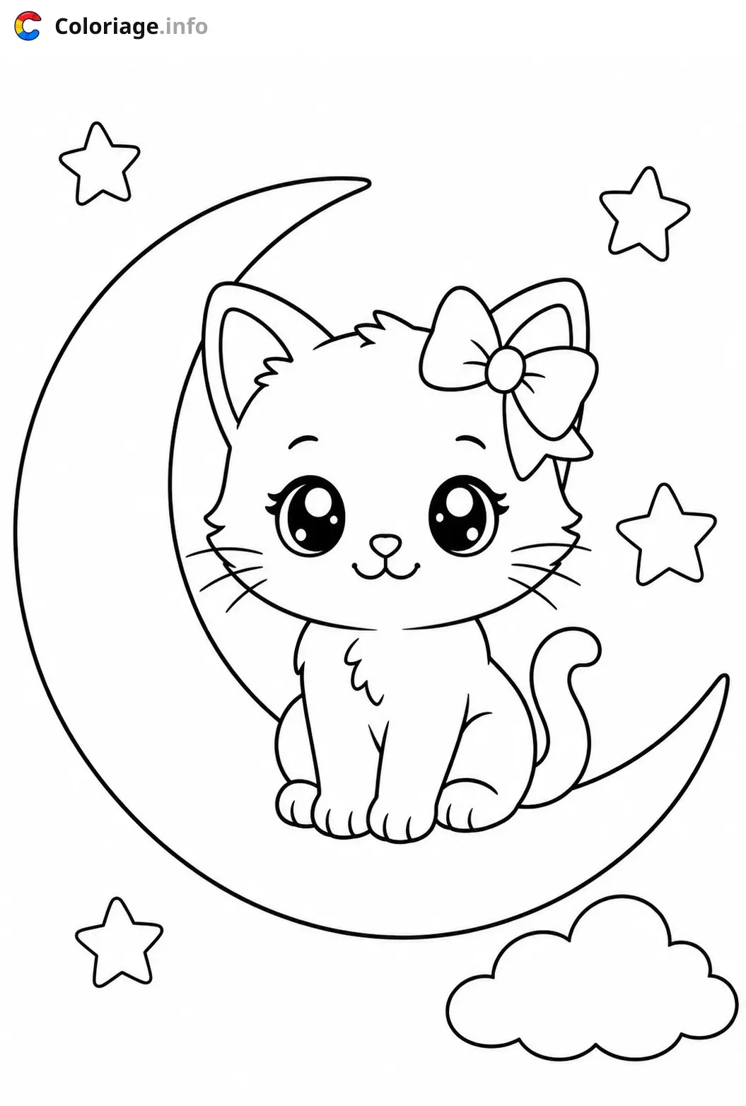Coloriage Petit chaton mignon sur la lune - Chaton mignon à imprimer