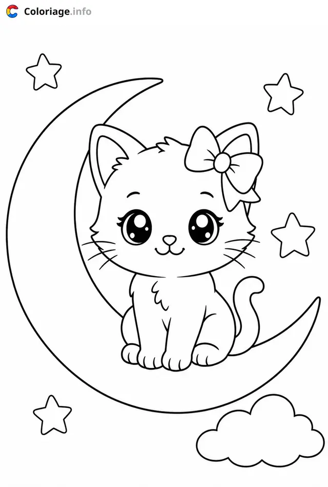 Coloriage Petit chaton mignon sur la lune - Chaton mignon à imprimer