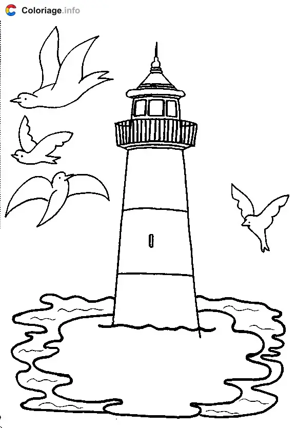 Coloriage Phare au milieu de la mer avec des mouettes - Phares à imprimer
